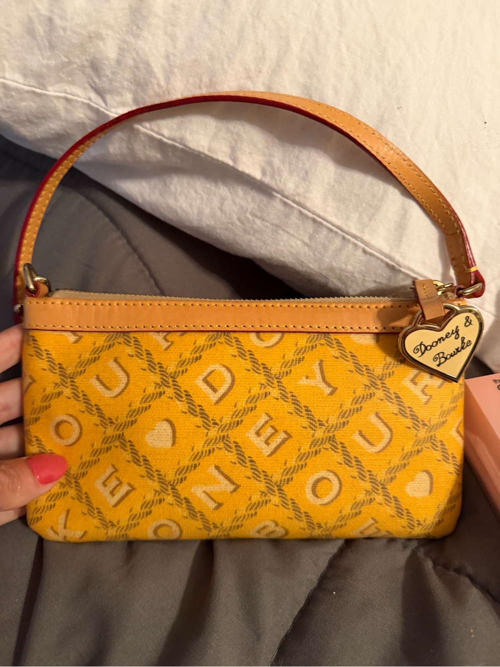 Dooney & Bourke Yellow Monogram Clutch /Wristlet with Tan Leather Trim